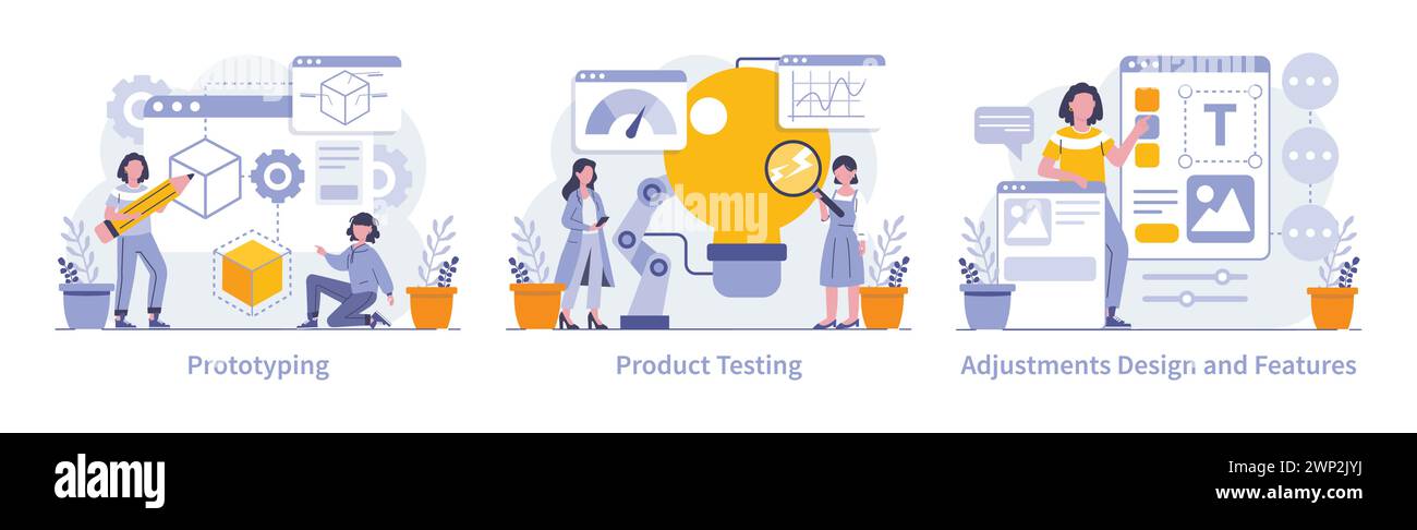 Product development set. Stages of prototyping, rigorous testing, and feature adjustments. Process of refining design and functionality. Vector illustration. Stock Vector