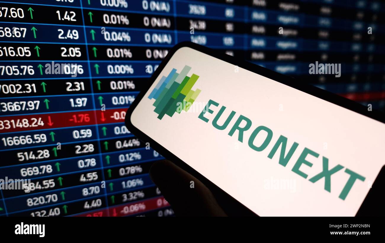 Konskie, Poland - March 03, 2024: Euronext company logo displayed on mobile phone Stock Photo