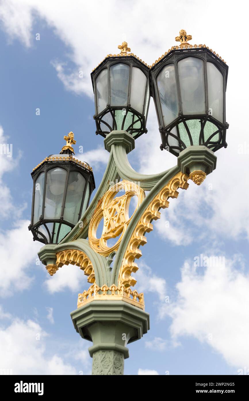 UK, London, Ornate street lighting on Westminster bridge. Stock Photo