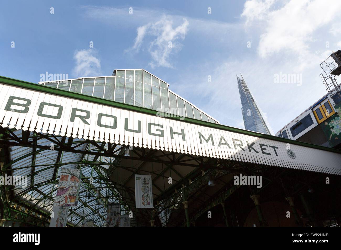 UK, London, Borough market entrance with the shard in background. Stock Photo