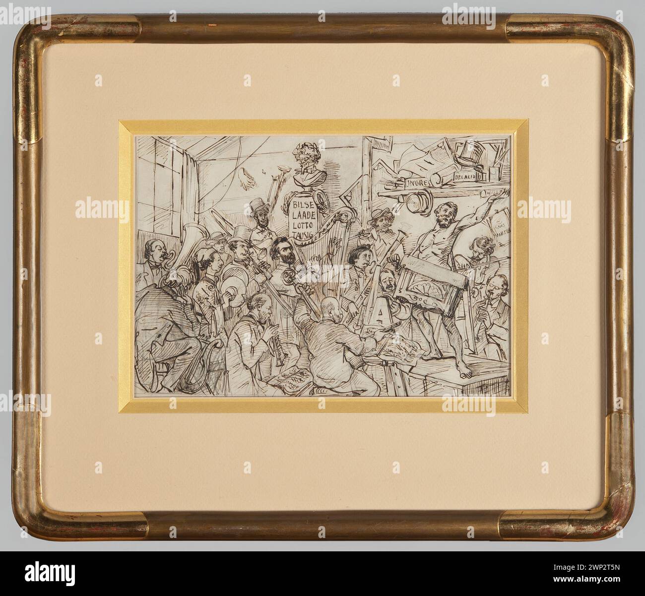 This artwork by Juliusz Kossak, created between 1857 and 1860, depicts an orchestra, highlighting musicians, conductors, and instruments in a group composition. Stock Photo