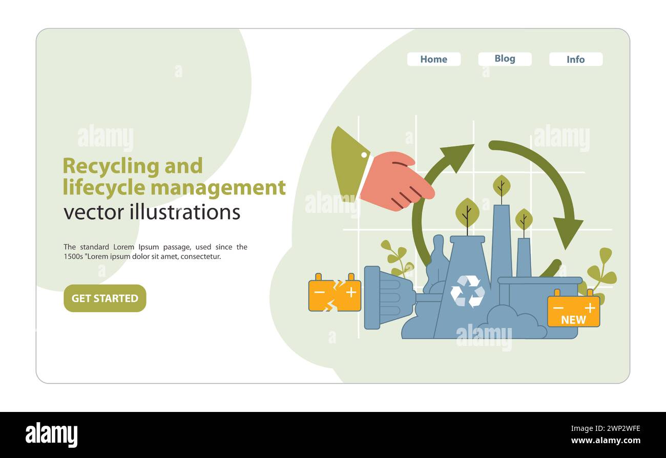 Electric Car Recycling and Lifecycle Management Illustration. A clean, modern vector showcasing the environmental benefits of recycling and managing the lifecycle of electric vehicle batteries. Stock Vector