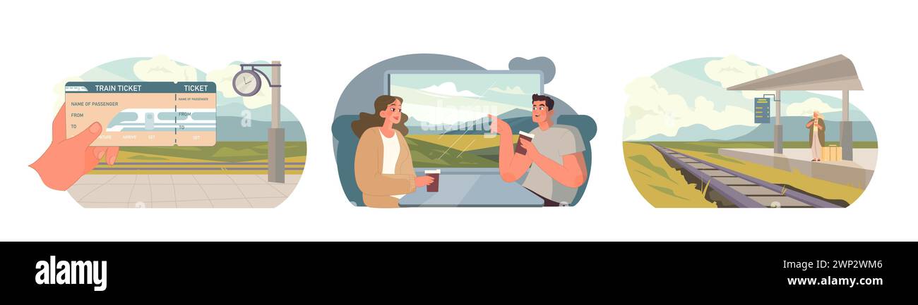 Train Travel Essentials. Hand holding ticket, solo traveler enjoying the view, waiting at a rural station. Captures essence of rail journeys. Stock Vector