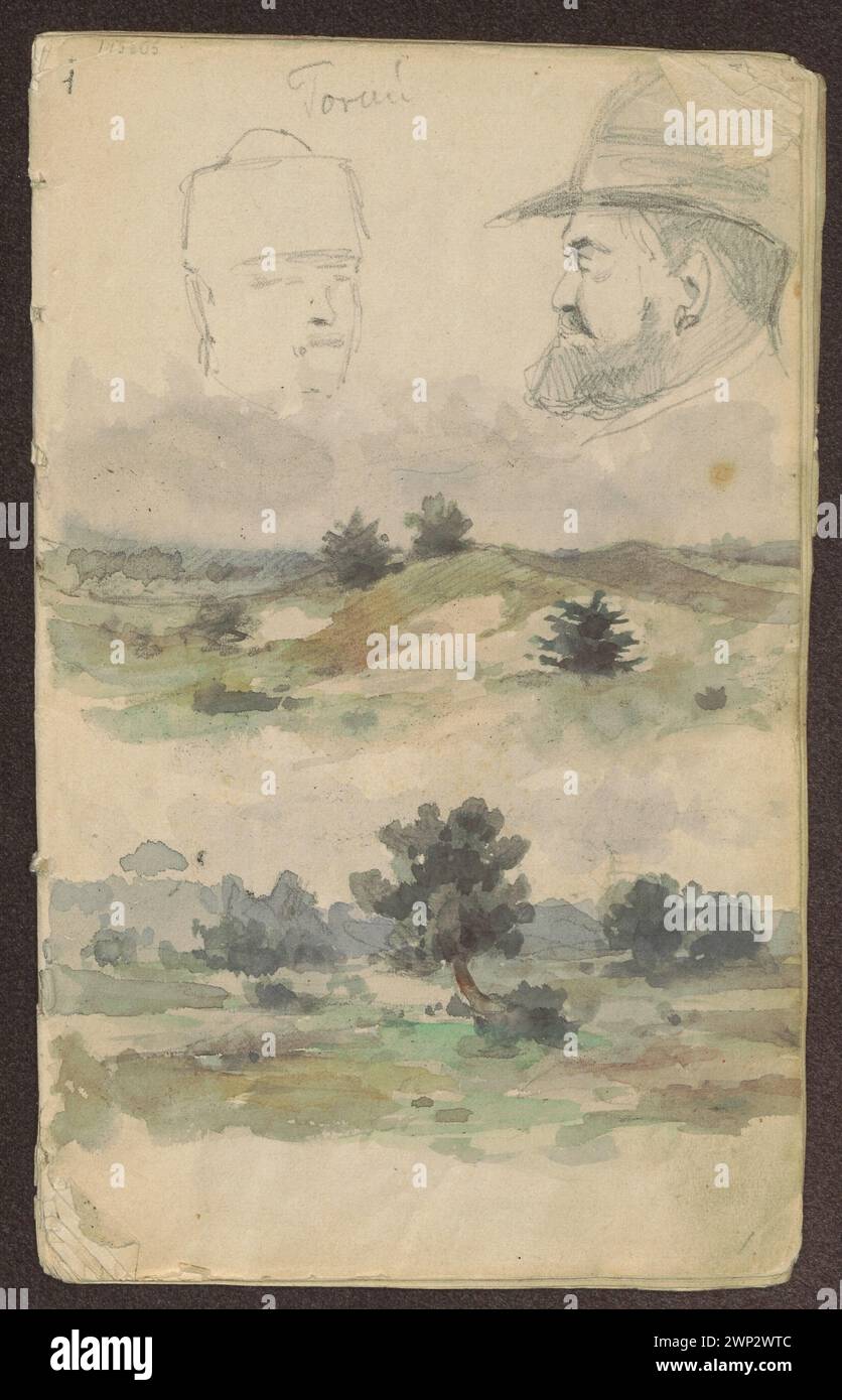 Two main young people and landscapes; Verso: Green men, church, a sketch of a lady and a bridge; Stanis Awski, Jan (1860-1907); 1885 (1885-00-00-1885-00-00); Stock Photo