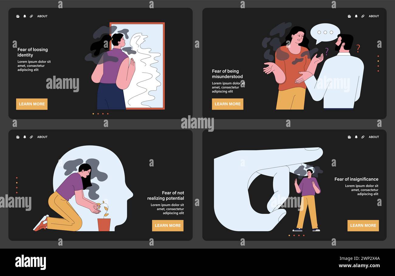 Human fears dark or night mode web, landing set. Scared characters confronting personal phobias. Frightened anxious person suffering from panic disorder. Psychological problem. Flat vector Stock Vector