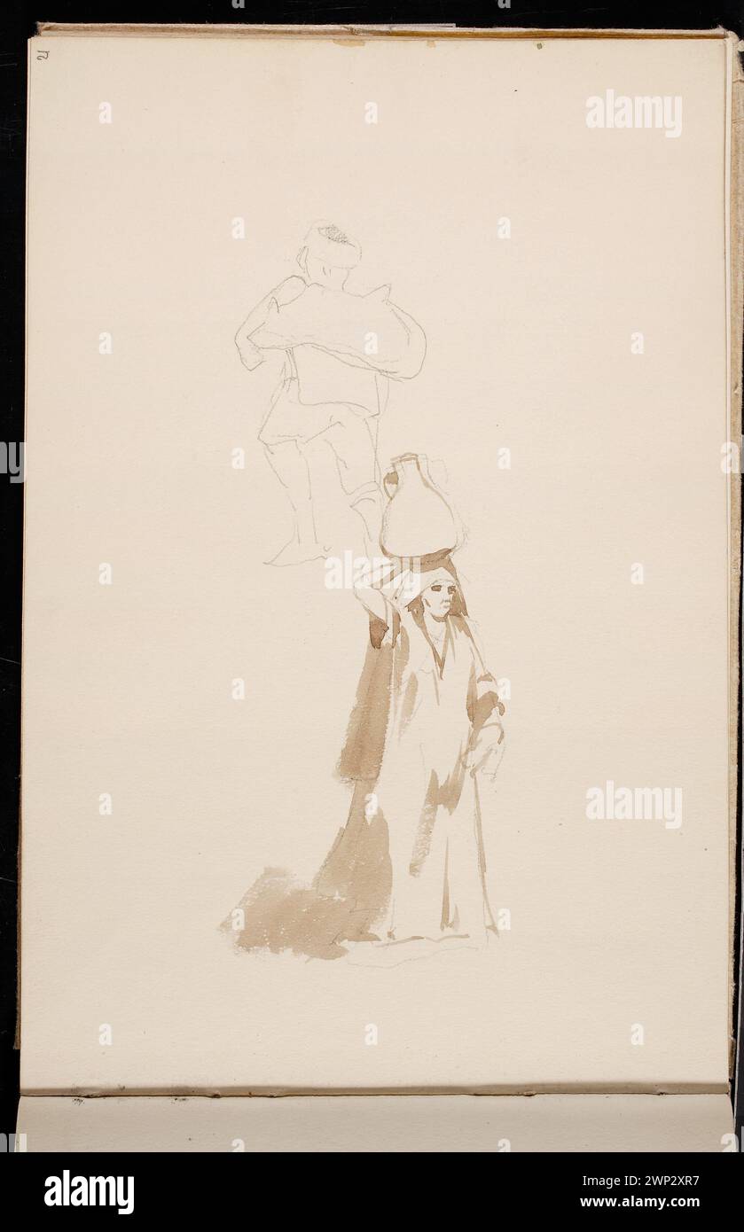 Sketches of women with a pitcher and a porter; verso: praying Arabs, sketch; Szwalski, Kazimierz (1855-1940); 1891 (1891-00-00-1891-00-00);Arabs, Egypt, Potoccy, Krzeszowice - collection, travel Stock Photo