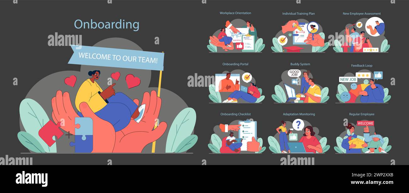 Onboarding dark or night mode set. Welcoming new hires with comprehensive steps. From orientation to becoming a team member. Flat vector illustration. Stock Vector