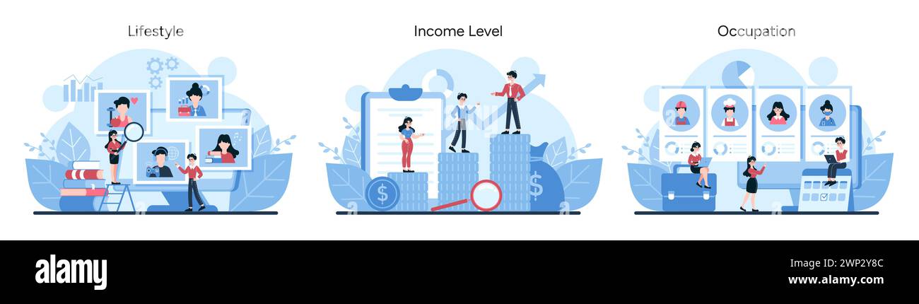 Market Segmentation trio. Visualizes categorization by lifestyle, income level, and occupation. Highlights diverse economic and professional scenarios. Vector illustration Stock Vector