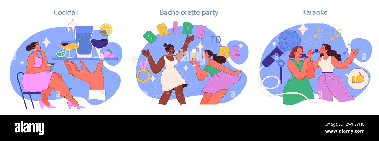 Girls Night Out set. Female friends going out together to celebrate with selfies, cocktails, and karaoke. Bachelorette, night club party with DJ. Flat vector illustration Stock Vector