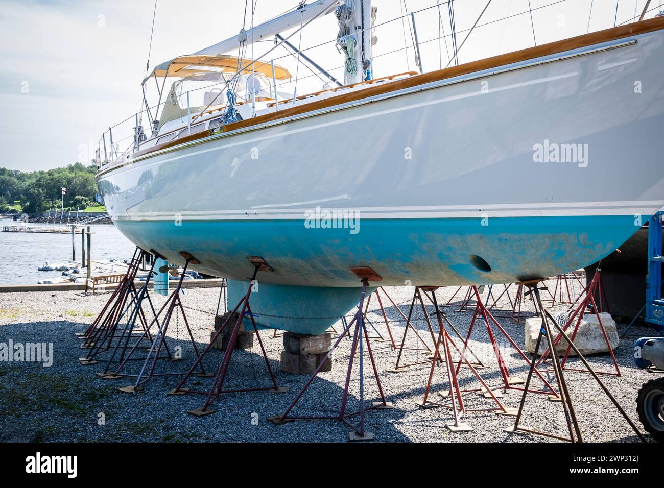 View of Camden Harbor fulled by sailing boats at summer, Maine, USA Stock Photo