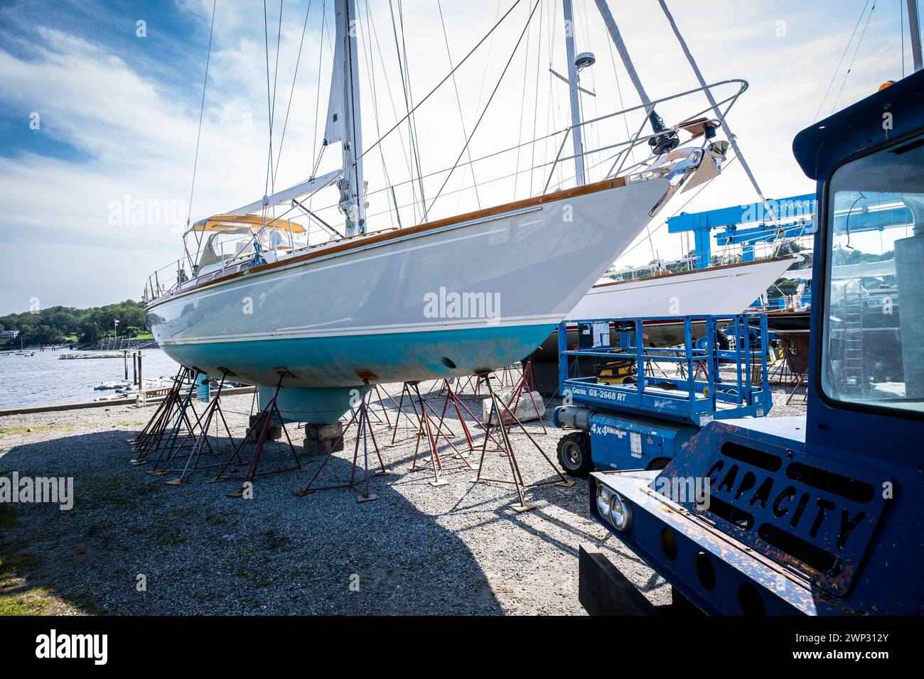 View of Camden Harbor fulled by sailing boats at summer, Maine, USA Stock Photo