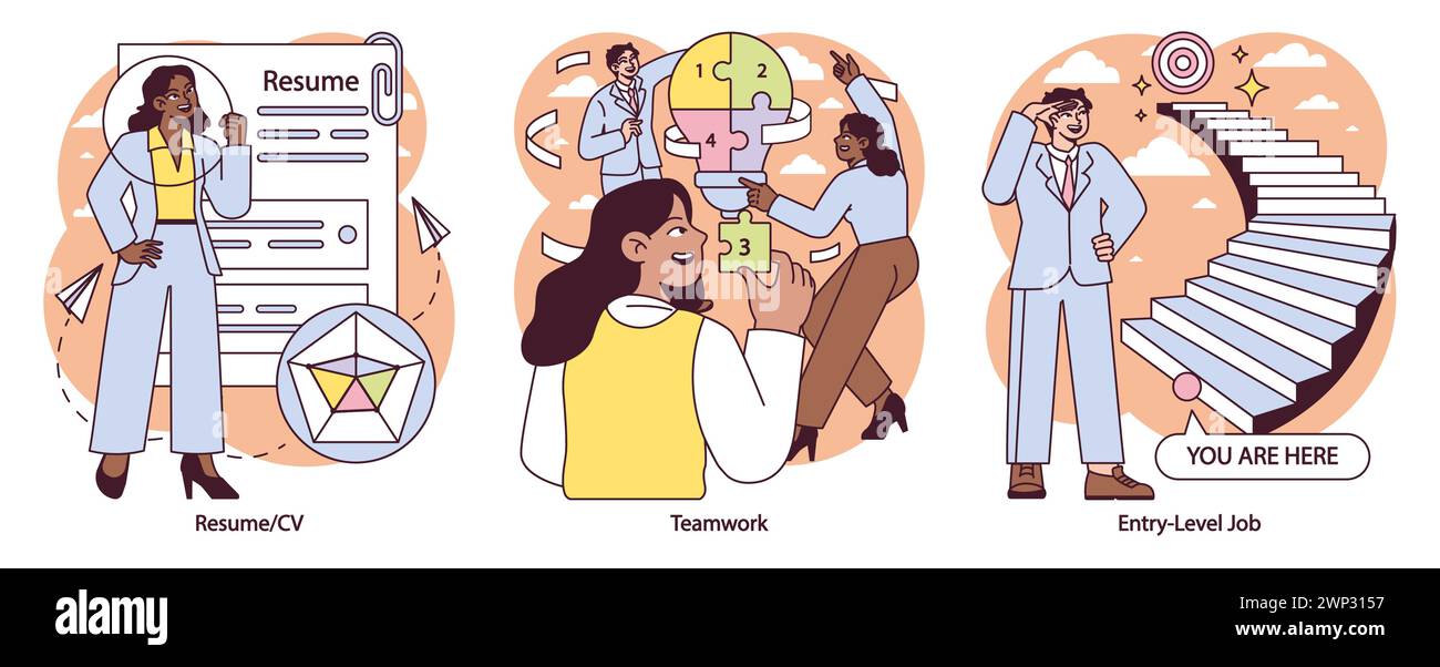 First Job essentials set Crafting - First Job Essentials Set Crafting Standout Resumes Fostering Teamwork And Stepping Onto The Career Ladder Every Element Adds Up To Professional Success Vector Illustration 2WP3157