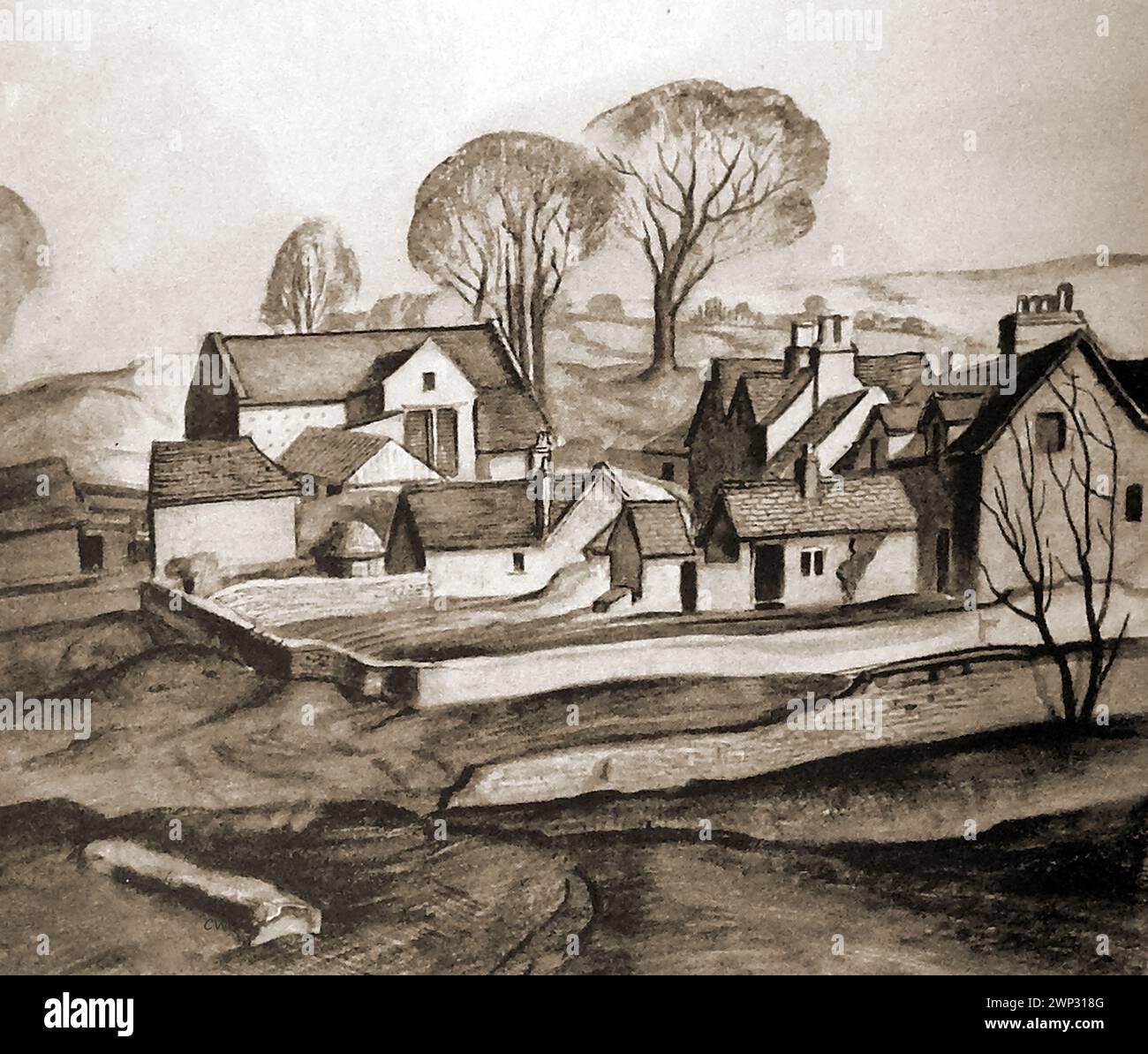A 1935 sketch of Pullen's Farm, Cotswold, UK Stock Photo