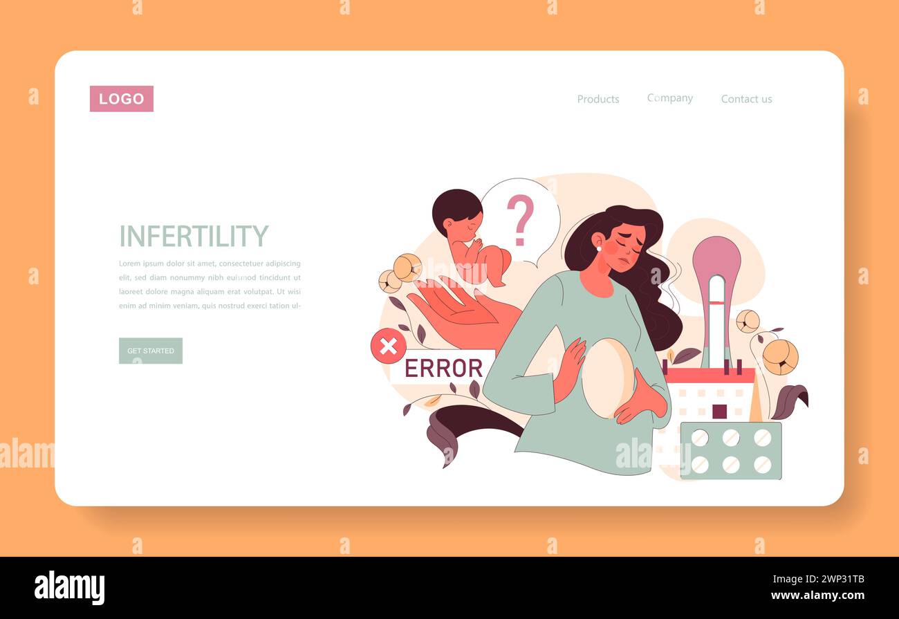 Infertility concept. A distressed woman confronts the challenge of infertility, symbolized by error messages, while yearning for a child. Emotional barriers to motherhood. Flat vector illustration. Stock Vector