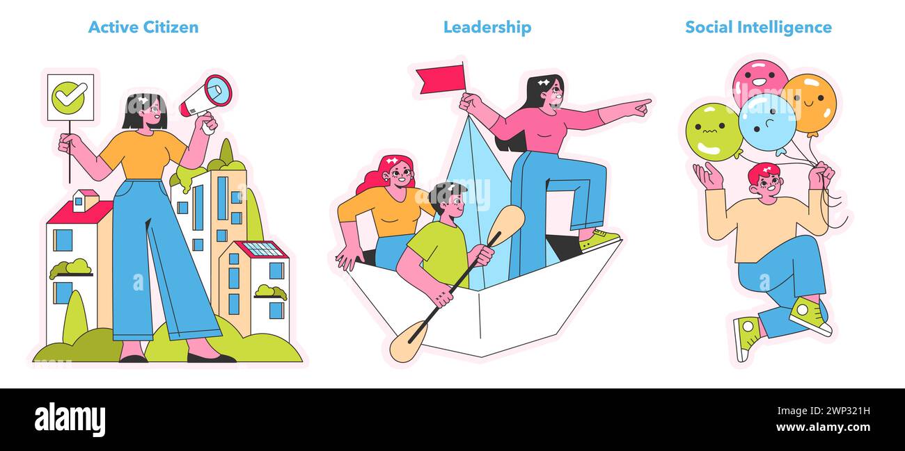 Character Strengths set. An activist championing causes, a guide leading with confidence, and a person interpreting emotions. Civic engagement and social skills. Vector illustration Stock Vector