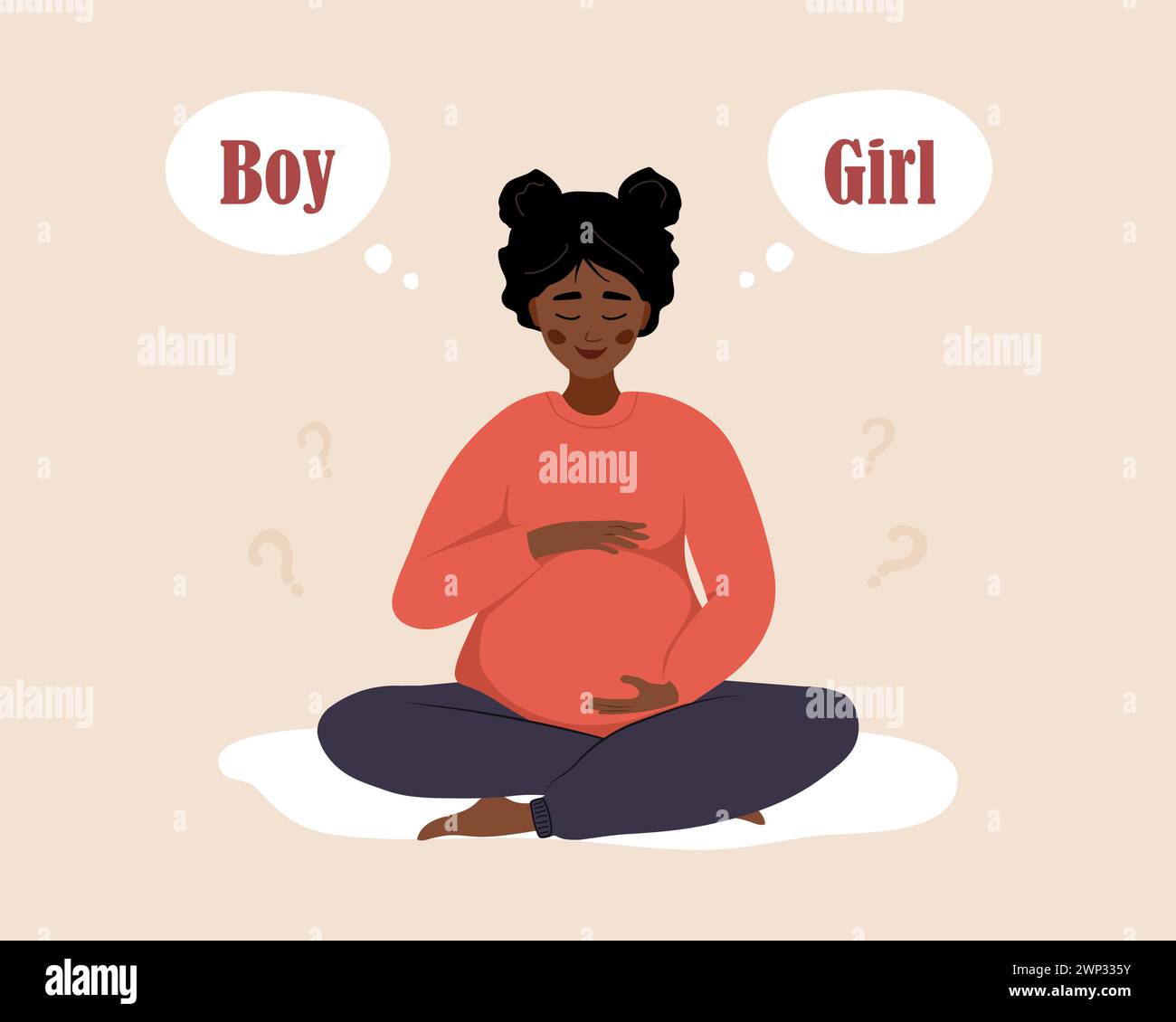 Boy or girl. Pregnant dreaming about of her future baby. Gender of child. Cute african woman in lotus position hugs tummy. Female character expecting Stock Vector