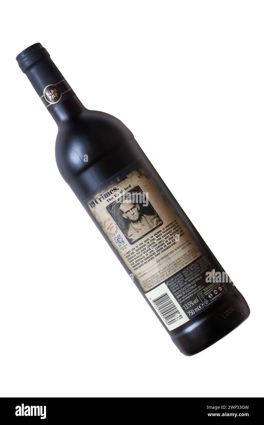 bottle of 19 Crimes The Banished dark red wine isolated on white