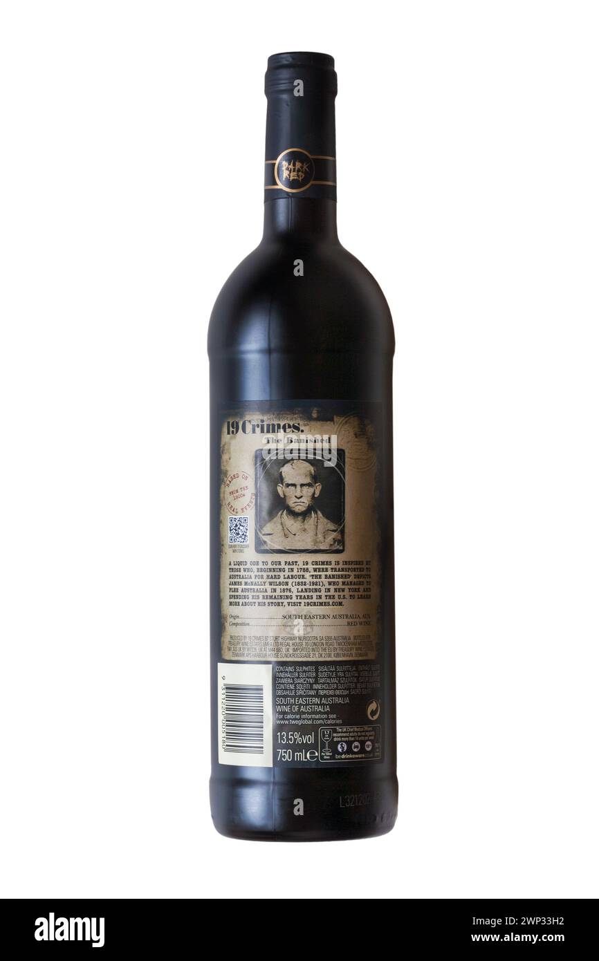 bottle of 19 Crimes The Banished dark red wine isolated on white