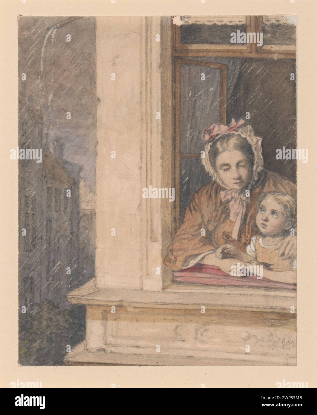 It rains '; Scholtz, Julius (1825-1893); 1857 (1844-00-00-1844-00-00); the Muse of the National Museum in Warsaw was downloaded from the system; painting / paint / watercolor, drawing / o with wtkiens / paper; height 14.9 cm, width 11.8 cm; fig. nm.xix 896 MNW; all rights reservation.Schlesisches Museum der Bildenen Künste (Wrocław - 1880-1945) - collection, Scholtz, Hanna (Flow. Ca 1912) - Dar, Biedermeier (style), rain, children, women with children, German drawings Stock Photo