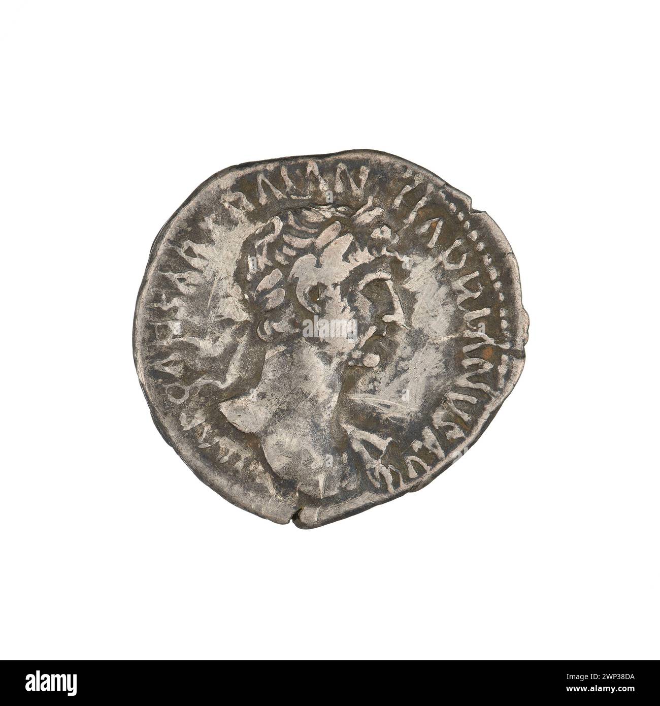 denarius; Hadrian (76-138; Roman emperor 117-138); 118 (114-00-00-117-00-00);PAX (personification), branches, busts, laurel wreaths Stock Photo