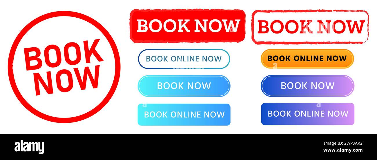 book now rectangle red stamp and button website modern online for order reserve Stock Vector