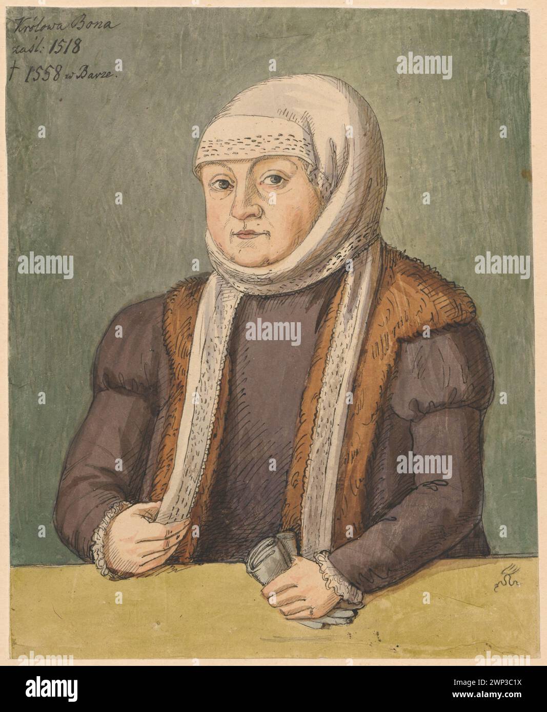 Portrait of Queen Bona Sforza from around 1540, according to the painting of Lucas Cranach M Lesser, Aleksander (1814-1884), Cranach, Lucas (1515-1586; m 1830-1884 (1830-00-00-1884-00-00);Bona (Queen of Poland - 1494-1557), Bona (Queen of Poland - 1494-1557) - iconography, Cranach, Lucas (1515-1586 - young), Cranach, Lucas (1515-1586 - young) - reproduction, Lesser, Lesser, Aleksander (1814-1884), Lesser, Aleksander (1814-1884) - collections, Lesser, Wiktor Stanisław Zygmunt (Baron - 1853-1935), Lesser, Wiktor Stanisław Zygmunt (Baron - 1853-1935) - collection, 16th century, gift (provenance), Stock Photo