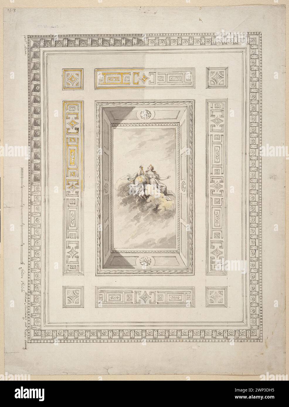 Ceiling ceiling design Urania to the monarchs hall in the episcopal panel in Krakow; Stachowicz, Micha (1768-1825); 1816 (1816-00-00-1816-00-00);Kraków (Lesser Poland Voivodeship), Biskupi Palace (Kraków), Trojanowska, Ludmiła (18 ..-19 ..), Trojanowska, Ludmiła (18 ..- 19 ..)-collection, Trojanowski, Edward (1873-1930), Trojanowski, Edward (1873-1930) - collections, urania (mitol.), Dar (provenance), illusionism, palaces (archite.), Plafons (architect.), Polichrome, Poland (culture), projects, decoration designs, plafond designs , polychrome projects, Putta (iconogr.), Polish drawings Stock Photo