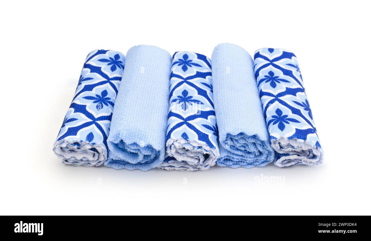 Set of folded blue terry napkins isolated on white. Stock Photo