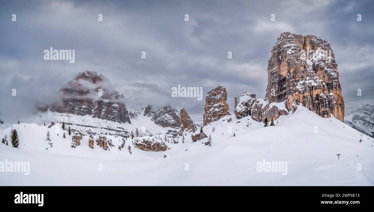 This winter image is of Cinque Torri towers, giant sized Dolomite boulders located near the Alpine resort town of Cortina D' Ampezzo Stock Photo