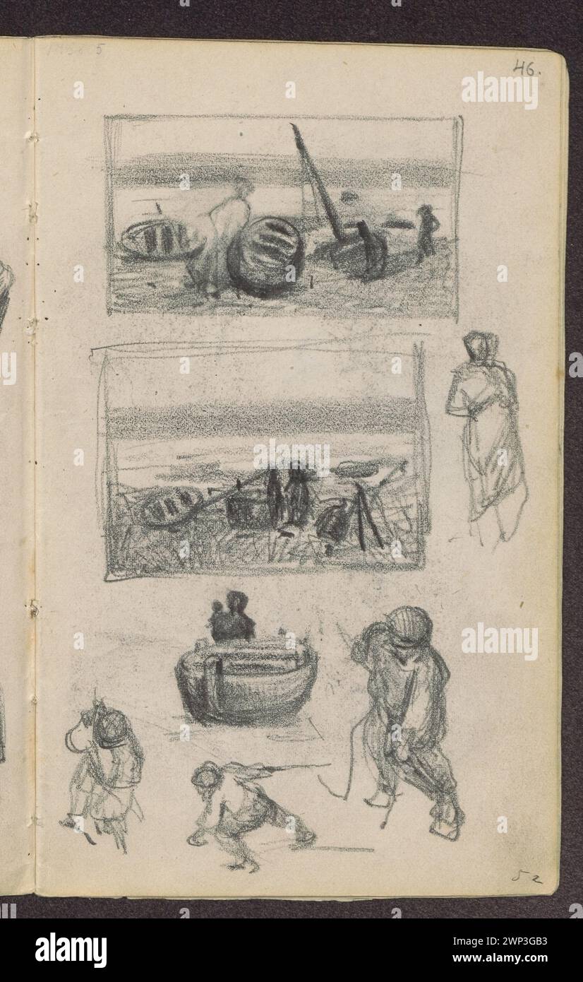 Studies on the edge of the river, rafters and post at the same time; verso: squatting post and enamel of vessels; Stanis Awski, Jan (1860-1907); 1885 (1885-00-00-1885-00-00); Stock Photo