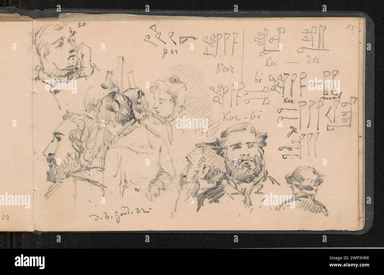 Sketches of the heads, including Tony Robert-Fleury; Students at the easel and exaggeration of wedge signs from the newlyasrian fragmentRenault, Wanda (1910-1990) - collection, travel, portrait study, purchase (provenance) Stock Photo
