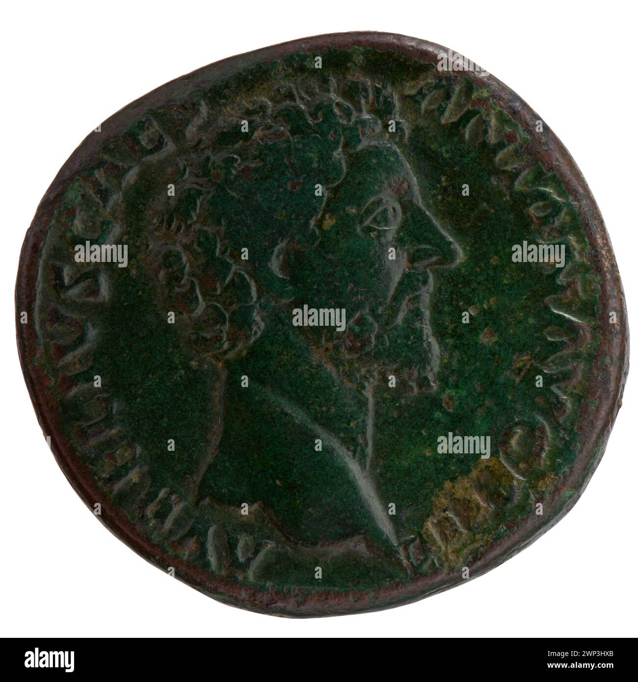 Coin With Inscription A Roman sesterce coin from 157-158 featuring emperors Antoninus Pius ...