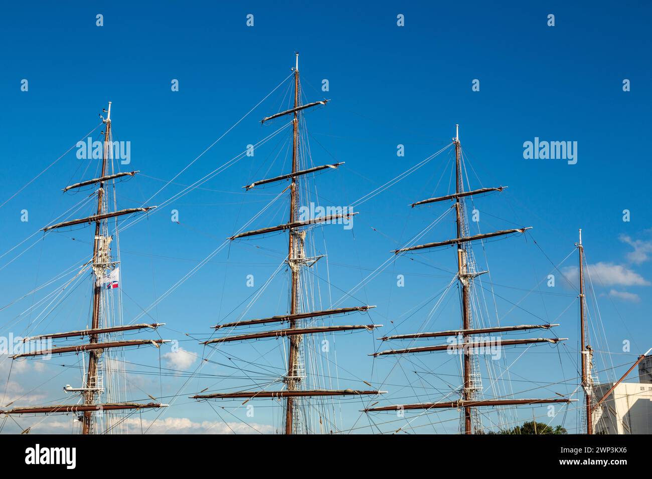 The four-masts of the Sea Cloud, a luxury sailing cruise ship, at dock ...