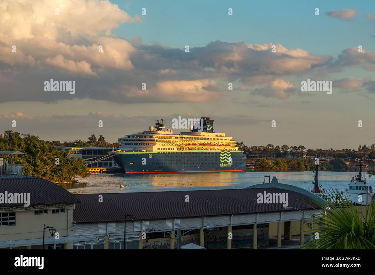 A cruise ship from the Pullmantur cruise line docked at the Sans Souci Terminal in the Port of Santo Domingo, Dominican Republic.  Viewed from the wal Stock Photo