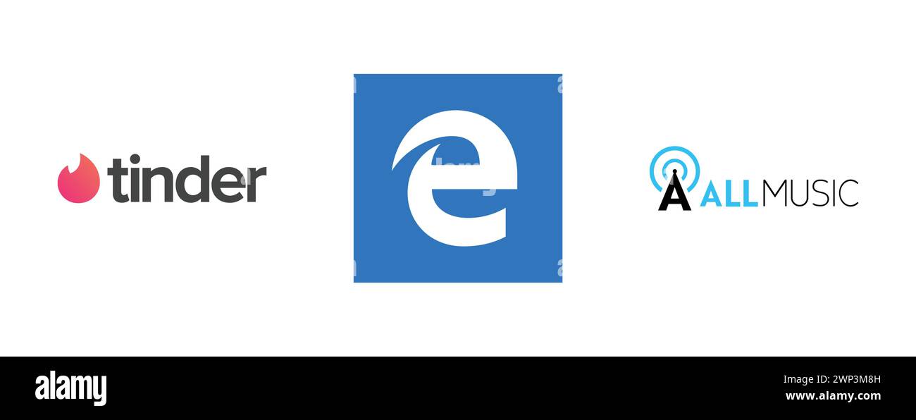 Allmusic , Edge tile, Tinder . Collection of top brand logo. Stock Vector