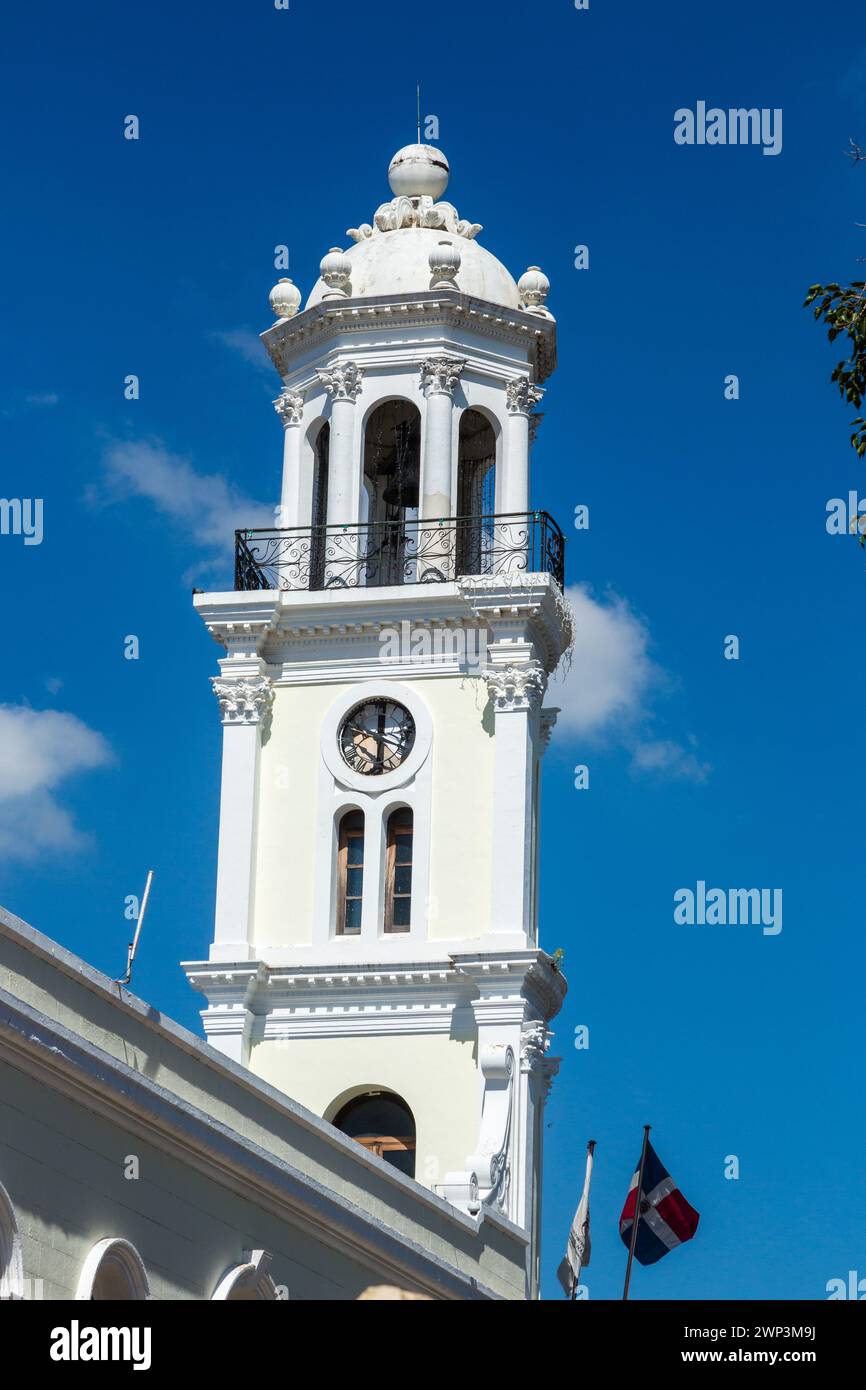 The clock tower of the Ayuntamiento or Palacio Consistorial in the colonial city of Santo Domingo, Dominican Republic.  It was he first city hall or c Stock Photo