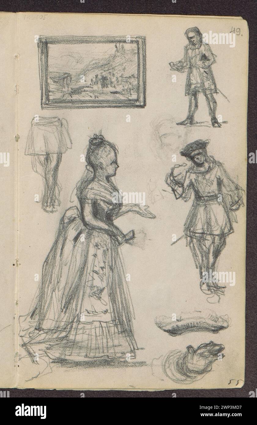 Study to the image, characters in the 18th century costumes; Verso: Four studies to the landscape, portrait of the husband in the wig and mother with a child on R Ku; Stanis Awski, Jan (1860-1907); 1885 (1885-00-00-1885-00-00); Stock Photo