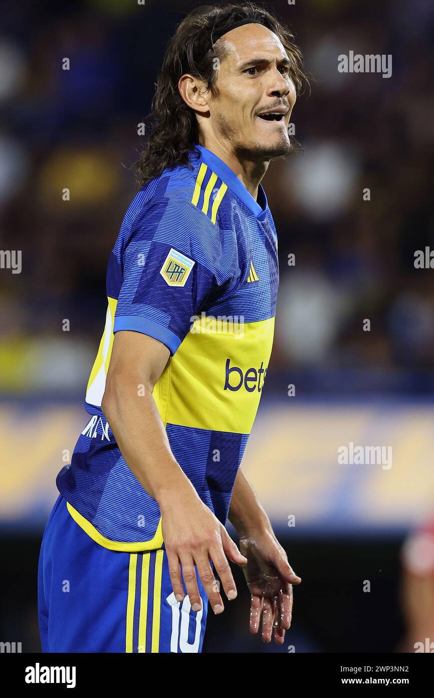 Boca Juniors’ Uruguayan Edinson Cavani gestures after missing a chance of goal against Belgrano during the Argentine Professional Football League Cup 2024 match at La Bombonera stadium in Buenos Aires on March 3, 2024.    Boca Juniors won by 3-2 and Cavani scored a hat-trick. (Photo by Alejandro Pagni / PHOTOxPHOTO) Stock Photo