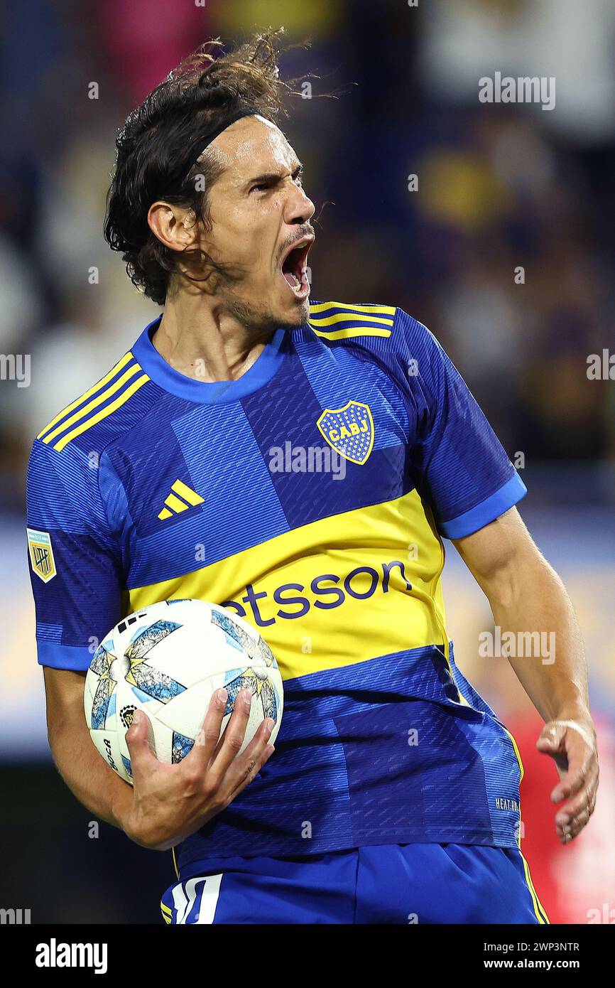 Boca Juniors’ Uruguayan Edinson Cavani celebrates  after scoring the team’s first goal by penalty kick against Belgrano during the Argentine Professional Football League Cup 2024 match at La Bombonera stadium in Buenos Aires on March 3, 2024.   Boca Juniors won by 3-2 and Cavani scored a hat-trick. (Photo by Alejandro Pagni / PHOTOxPHOTO) Stock Photo