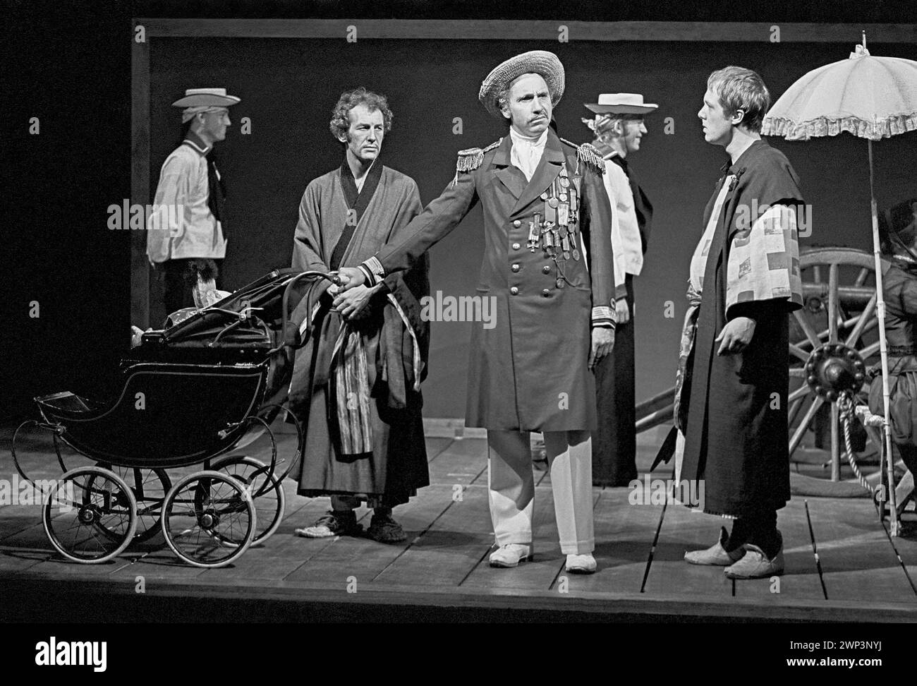 centre: Nigel Hawthorne (Commodore) in NARROW ROAD TO THE DEEP NORTH by Edward Bond at the Royal Court Theatre, London SW1  19/02/1969  an English Stage Company production  design: Hayden Griffin  lighting: Andy Phillips  director: Jane Howell Stock Photo