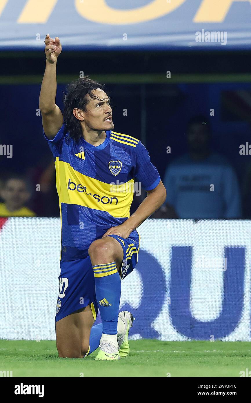 Boca Juniors’ Uruguayan Edinson Cavani celebrates after scoring the team’s second goal against Belgrano during the Argentine Professional Football League Cup 2024 match at La Bombonera stadium in Buenos Aires on March 3, 2024.  Boca Juniors won by 3-2 and Cavani scored a hat-trick.  (Photo by Alejandro Pagni / PHOTOxPHOTO) Stock Photo