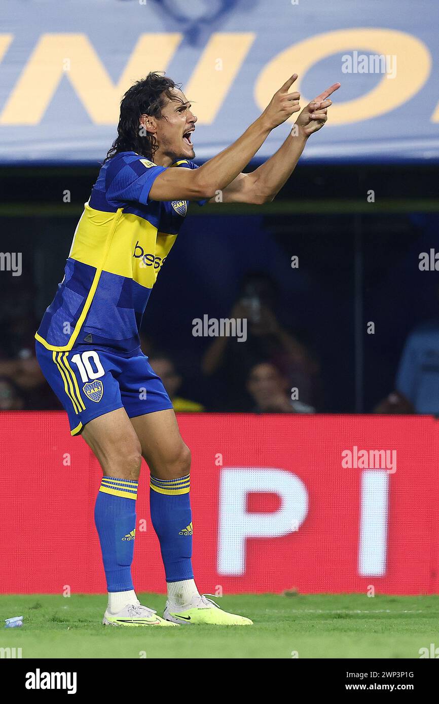 Boca Juniors’ Uruguayan Edinson Cavani celebrates after scoring the team’s second goal against Belgrano during the Argentine Professional Football League Cup 2024 match at La Bombonera stadium in Buenos Aires on March 3, 2024.  Boca Juniors won by 3-2 and Cavani scored a hat-trick.  (Photo by Alejandro Pagni / PHOTOxPHOTO) Stock Photo