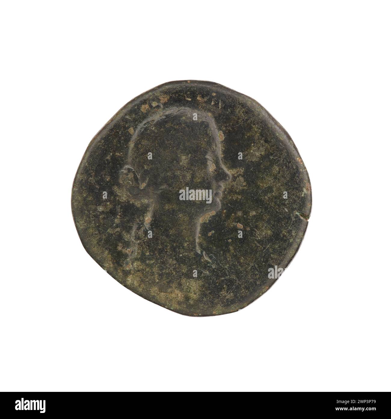 A Roman sesterce coin dating from 164-169, depicting Emperor Lucius Verus and Empress Lucilla with detailed inscriptions and profiles, characteristic of Roman imperial currency. Stock Photo