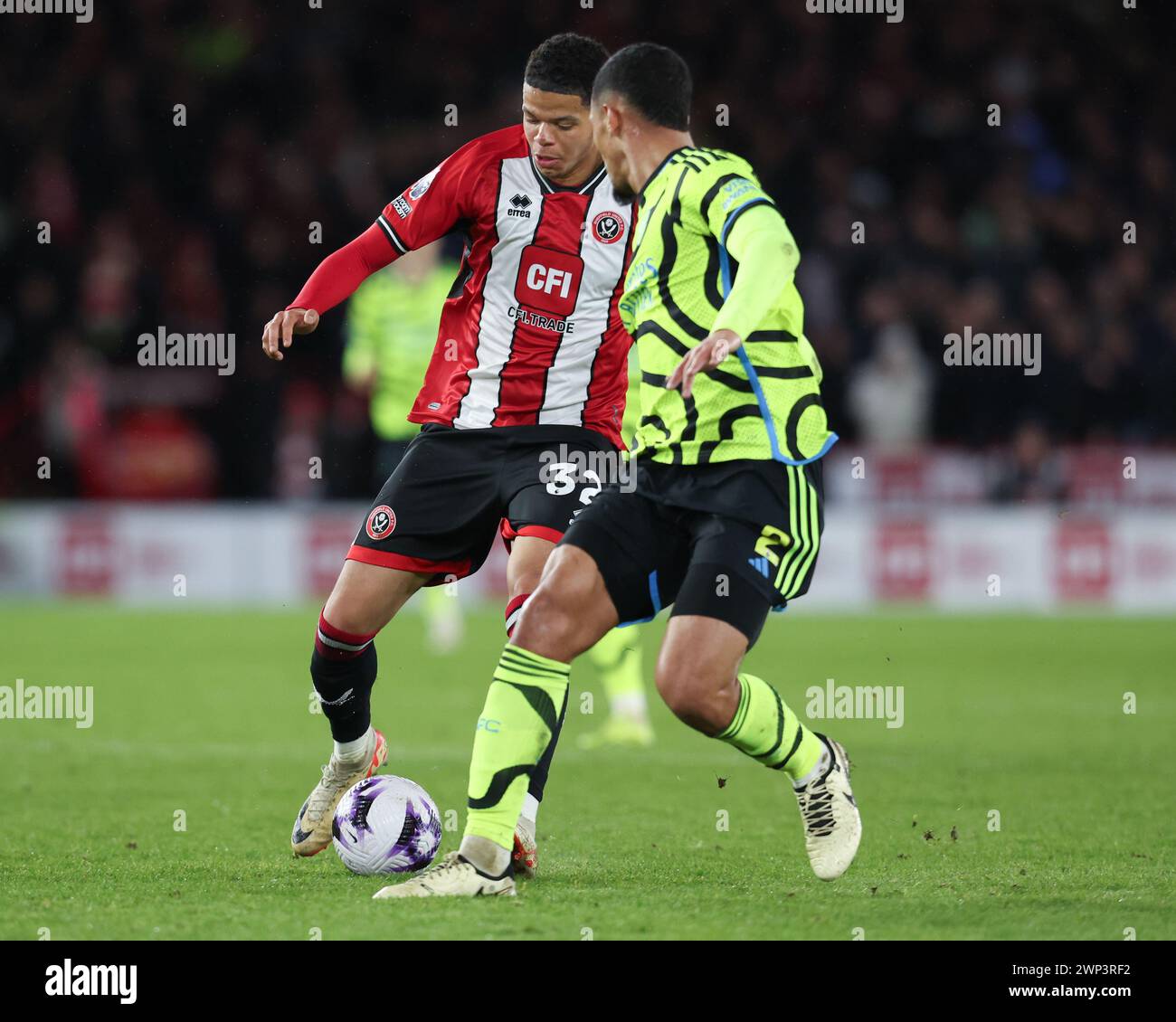 SHEFFIELD, ENGLAND - MARCH 4: William Osula of Sheffield United and William Saliba of Arsenal during the Premier League match between Sheffield United and Arsenal FC at Bramall Lane on March 4, 2024 in Sheffield, England. (Photo by MB Media/MB Media) Stock Photo