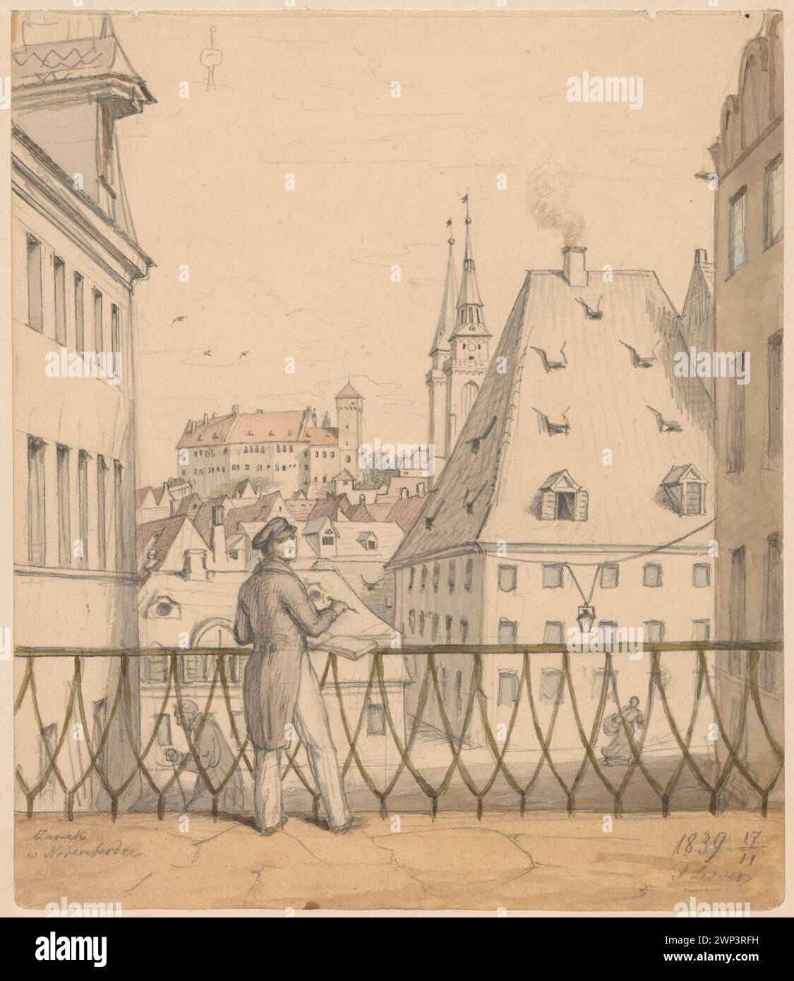 This 1839 view of Nuremberg by Aleksander Lesser depicts a young man ...