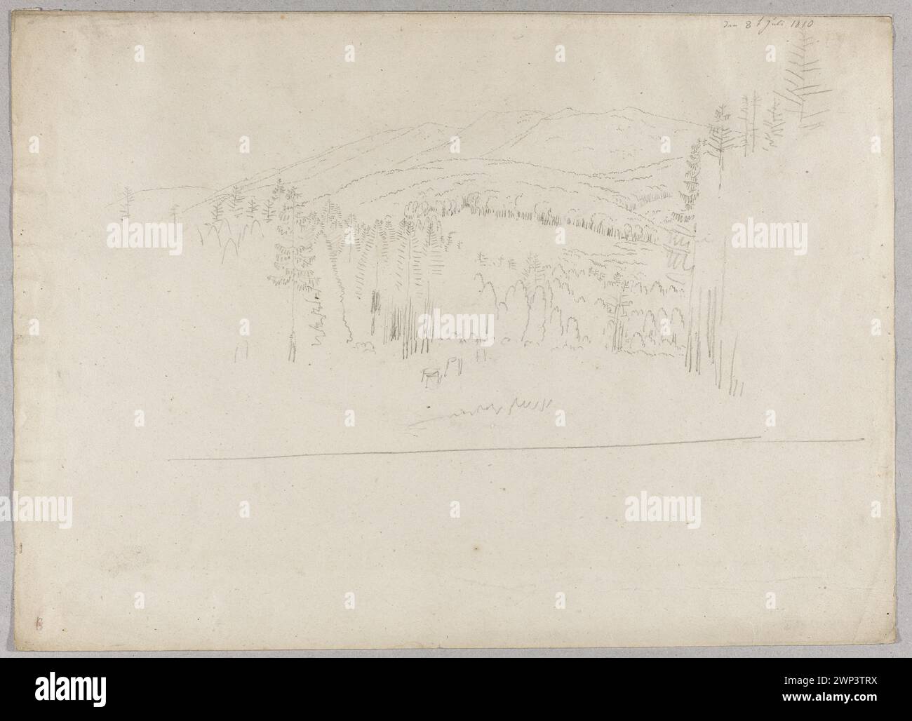 A 1810 landscape by Caspar David Friedrich depicts the Karkonosze mountains, illustrating German Romanticism and mountain scenery, part of German museum collections. Stock Photo