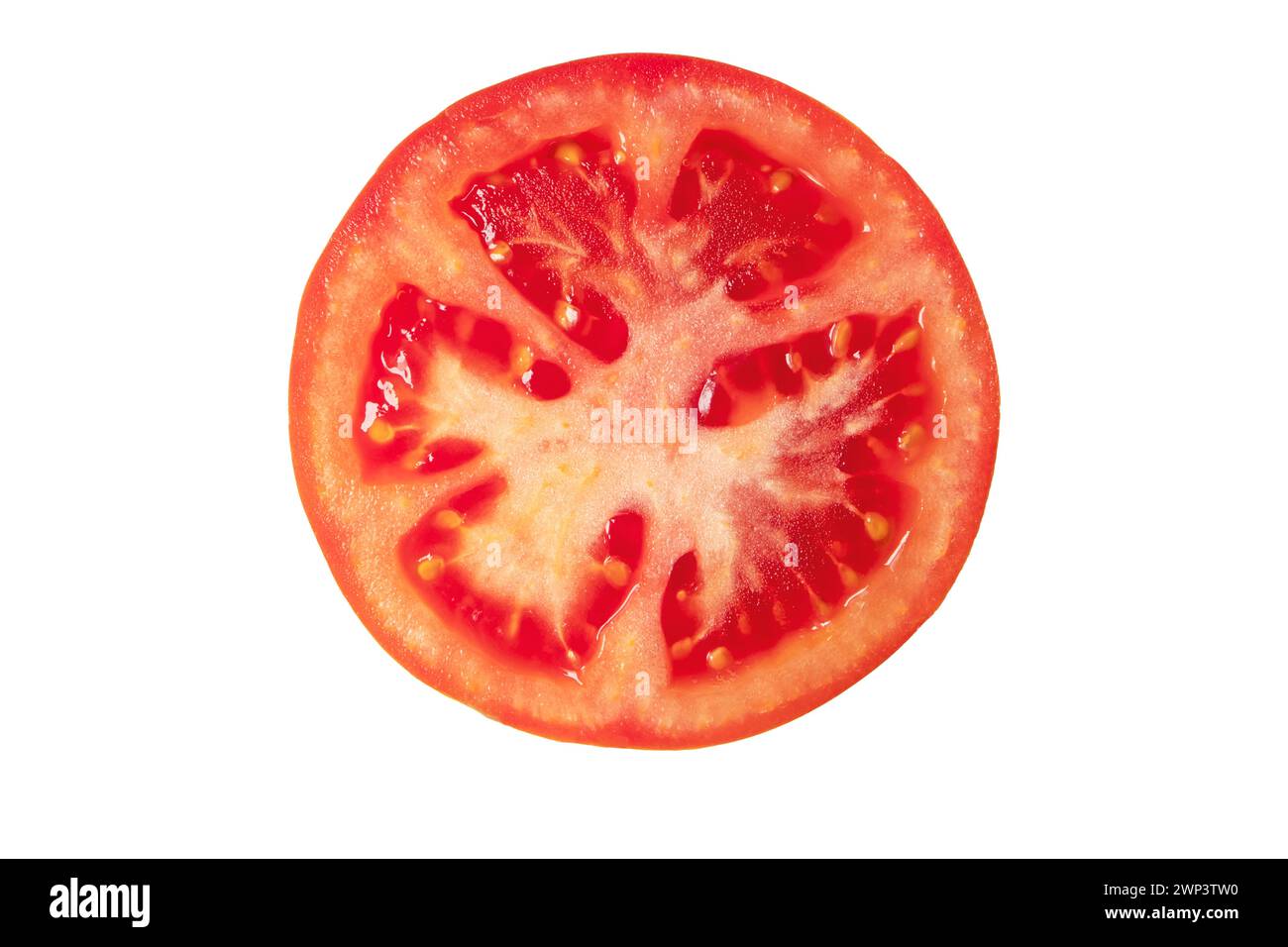 Tomato slice top view isolated on white. Sandwich filler ingredient. Juicy vegetable for hamburger. Meaty fruit with small seed cavities. Stock Photo