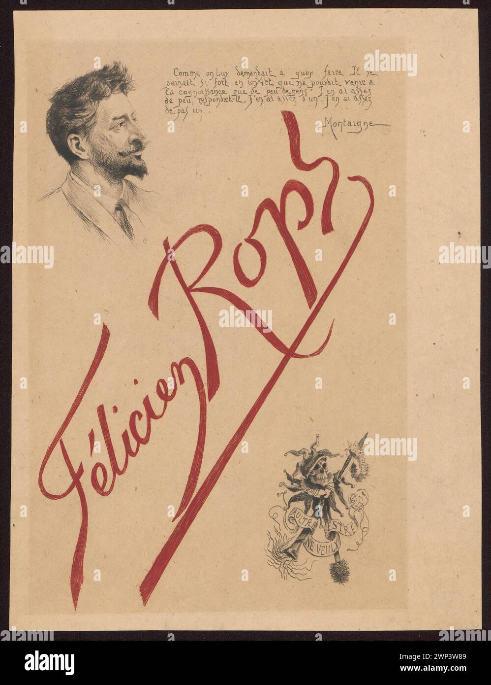 Felicien ROPS; Title card for graphic portrait with a portrait of the author and a quote from Montaigne; ROPS, Félicien (1833-1898); 1898 (1848-00-00-1898-00-00);France, ROPS, Felicien (1833-1898) - iconography, Schlesische Zeitung (magazine - 1741-1944 - Wrocław), self -portraits, jester, character, skulls, graphic designers, portraits, portraits of artists, men's portraits, Rylec, teka, Stock Photo