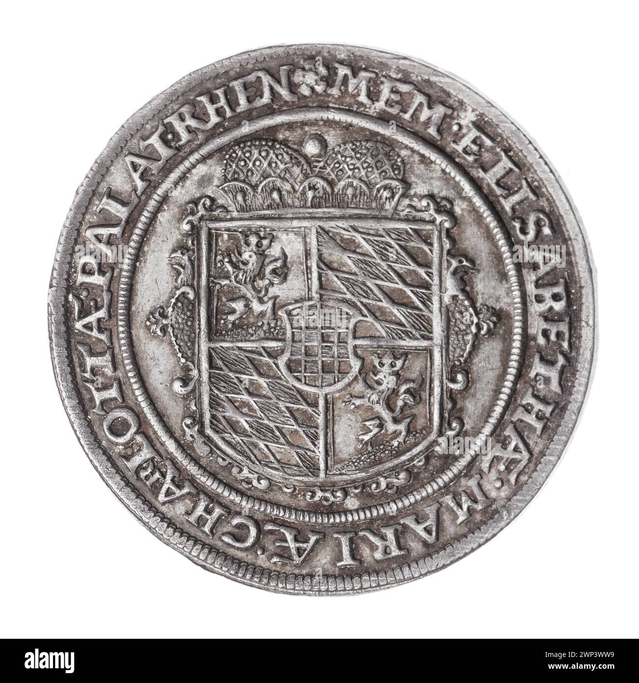 a circumstantial thaler for El Bieta Maria Karolina Wittelsbach von Simmern Book Brzesko-Legnicka; Jerzy III (Ksi  Brzesko-Legnicka-Wośowski; 1611-1664); 1664 (1664-00-00-1664-00-00);Elżbieta Maria Karolina (Duchess of Brzeska - 1638-1664), R4 (rarity), Wittelsbach (coat of arms), Wittelsbachowie (family), gift (provenance), posthumous coin, occasional coins, inscriptions, special inscriptions, multiple coat of arms (iconogr.) , shields, coat of arms, coat of arms under the prince's miter Stock Photo