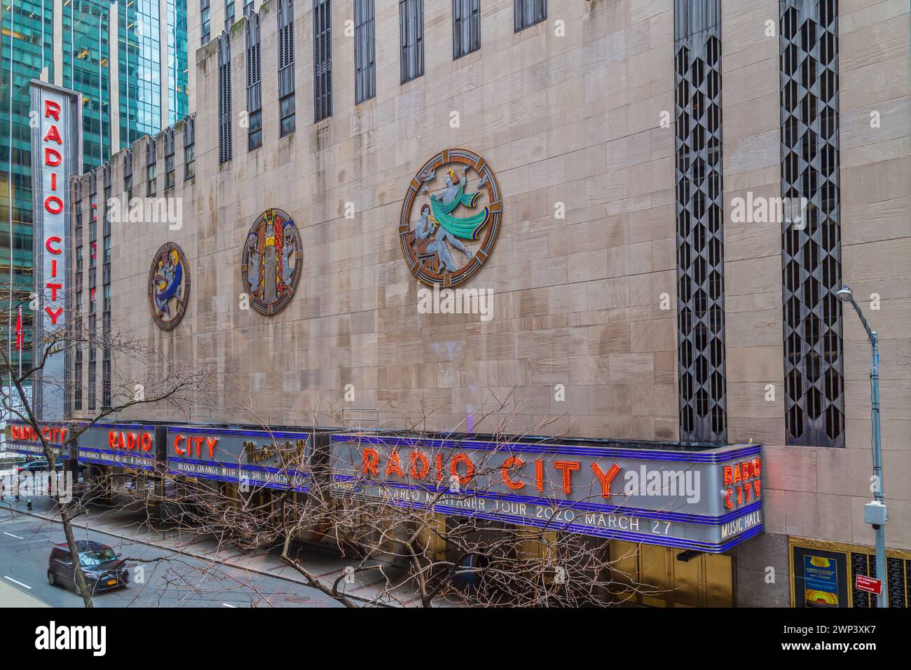 NEW YORK, USA - MARCH 6, 2020: Radio City Music Hall, at 1260 Avenue of the Americas, within Rockefeller Center, Midtown Manhattan. Was designed by E. Stock Photo